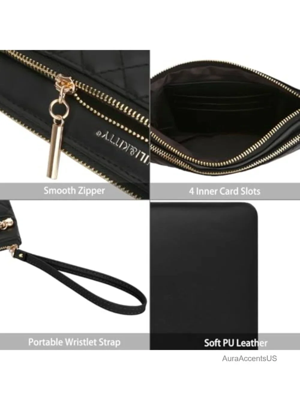 PU Leather Small Wristlet Purse with Card Slots and Zipper Closure
